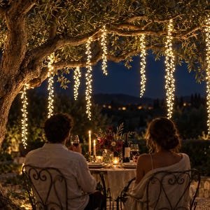 May include: A large olive tree decorated with multiple strands of warm white hanging fairy lights. The tree branches extend over a dining table set for two, featuring candles, a floral centerpiece, and wine glasses, creating an illuminated outdoor scene.
