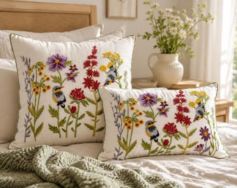 Floral Bird Embroidered Pillow Cover, Vintage Nature Cushion, Cottagecore Home Decor