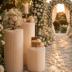 Könnte beinhalten: Romantische Hochzeitsszene im Freien mit drei cremefarbenen Podesten, die mit Blumenarrangements, Kerzen und einer kleinen Schatzkiste geschmückt sind. Der Gang ist mit Blütenblättern übersät und führt zu einem Blumenbogen.