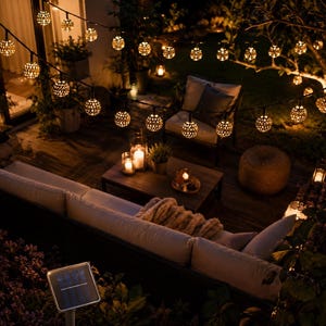 May include: A string of spherical, perforated metal lanterns emitting a warm glow, suspended above an outdoor patio area. The lights feature a detailed cut-out pattern, casting intricate shadows across the seating area and surrounding garden foliage.