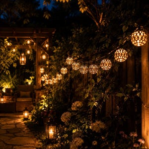 Può includere: Una catena di lanterne sferiche in metallo dorato con intricati motivi ritagliati che emettono una luce calda. Le luci sono sospese lungo una recinzione in legno in un giardino, accompagnate da ulteriori lanterne posizionate a terra.