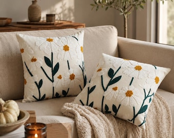 Poszewka na poduszkę z haftem kwiatowym w stokrotki, poszewka na poduszkę boho 45x45, pikowana poszewka na poduszkę, dekoracja sofy w stylu rustykalnym, przytulna poduszka do salonu