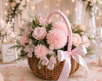 Cesta de mimbre tejida a mano para niña de las flores, decoración de boda con cinta rosa, almacenamiento rústico para despedida de soltera.