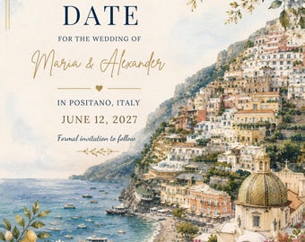 Save the Date per matrimonio a Positano, Italia - Modello Canva modificabile - Download digitale