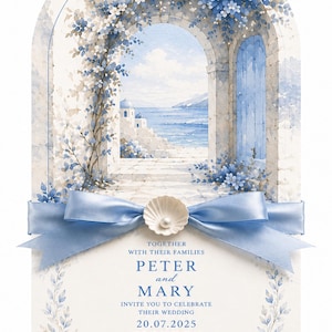 May include: Watercolor wedding invitation featuring a blue and white archway overlooking the sea. A light blue ribbon with a seashell accent adorns the invitation, which includes the names Peter and Mary, wedding date, and location.