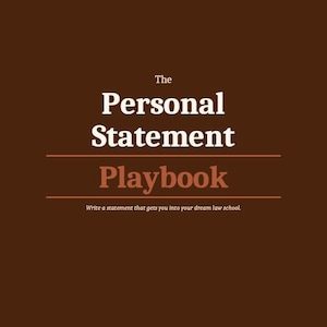 May include: A brown book cover with the title "The Personal Statement Playbook" in white and orange text. The text "Write a statement that gets you into your dream law school" is below the title. The Etsy shop URL is at the bottom.