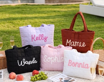 Embroidered quilted nylon tote bags, personalized name knitted tote bags, bridesmaid gifts, bridal party bags, travel organizers, work bags