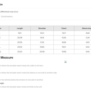 May include: A size guide table with measurements in inches for length, shoulder, chest, and sleeve length. Sizes range from S to 2XL. Instructions on how to measure length, shoulder, chest, and sleeve length are also included.