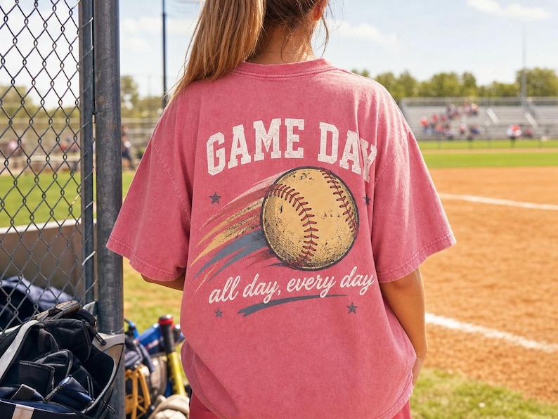 May include: A pink t-shirt featuring the words "GAME DAY" and a baseball graphic. The text "all day, every day" is below the baseball. The shirt is worn at a baseball field.
