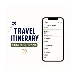 May include: A mobile phone displaying a travel itinerary template. The phone is black with a white screen showing a list for Day 1 activities. The image also includes the text "TRAVEL ITINERARY MOBILE NOTES TEMPLATE" with a small airplane graphic.