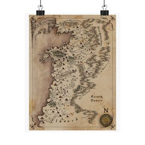 May include: A vintage-style map print of a fictional continent, featuring detailed geographical elements such as mountains, deserts, and cities. The map is in sepia tones with decorative scrollwork and text labels like "The Continent" and "Rorath Desert."