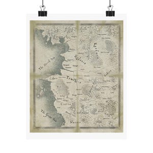 May include: A vintage-style map print, featuring a detailed geographical layout with names of regions and bodies of water. The map is divided into four sections, with a neutral color palette and decorative borders. The print is held by two black binder clips.