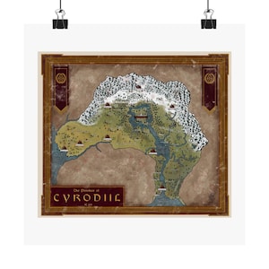 May include: A framed map of Cyrodiil, featuring a detailed depiction of the province with mountains, rivers, and settlements. The map has a vintage aesthetic with a brown background and a decorative border. The text "The Province of Cyrodiil" is displayed.