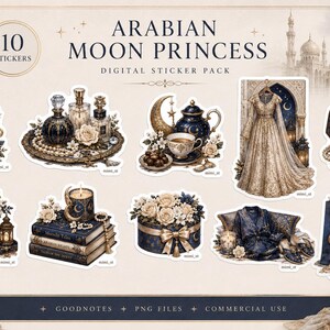 以下が含まれることがあります： Arabian Moon Princessというタイトルのデジタルステッカーパック。ランタン、香水瓶、ティーセット、ドレス、ジュエリー、鏡、本、フラワーボックス、ローブ、ショッピングバッグなど、ネイビーブルーとゴールドの色調で描かれた10種類のイラストが含まれています。
