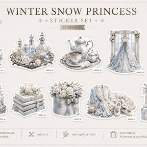 以下が含まれることがあります： Winter Snow Princessステッカーセット。ランタン、香水瓶、ティーセット、ドレス、ジュエリーボックス、鏡、本、花、ギフトバッグなど、白と銀を基調とした冬をテーマにしたイラストが描かれた10種類のデザインが含まれています。