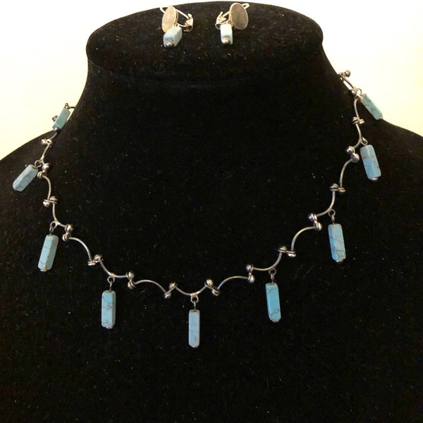 Hand Designed Artist Jewelry Set, Necklace And Earrings, Sterling Silver And Genuine Turquoise, Dangle Turquoise Bars