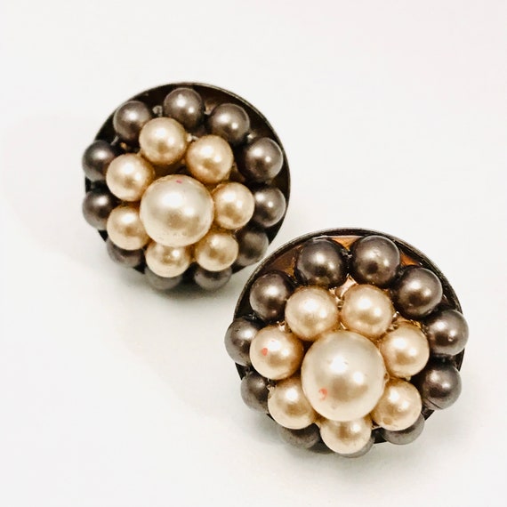 Vintage Beaded Dome Earrings, Beige And Brown, Sc… - image 2