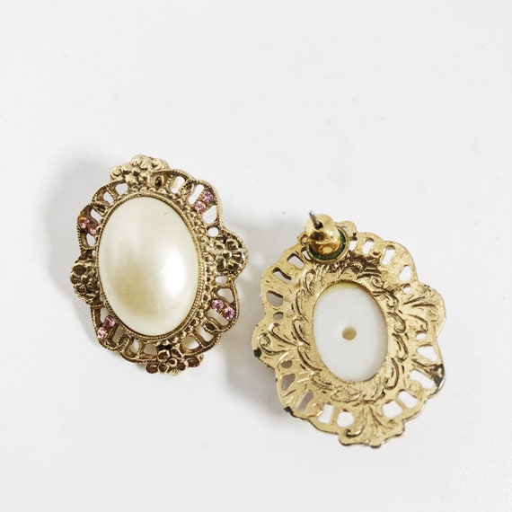 Pearl And Pink Rhinestone Jewelry Set, Pierced Ea… - image 5