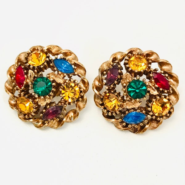 Vintage Jewel Tone Rhinestone Clip On Earrings, Vintage Jewelry, Lot 10
