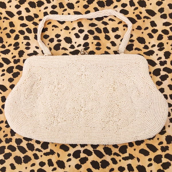 Intricate Beaded Vintage Purse, White, 1950's, Mid-Century, Vintage Accessory, Tagged JAPAN