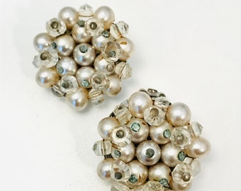 Vintage Pearl Cluster Clip On Earrings - Silvery Japan Marked