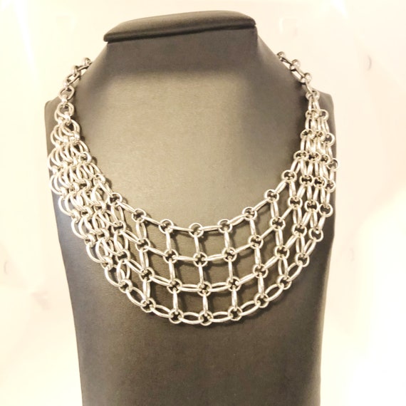 Striking Silver Tone Chain-Mail Necklace, Vintage… - image 1
