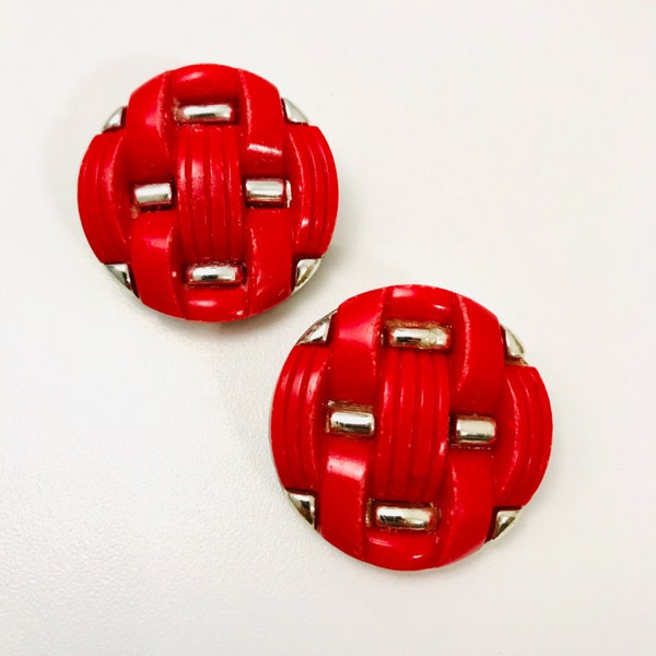 Red And Silver Lattice Pattern Clip On Earrings, Vintage Earrings, Lot 17