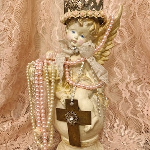 Hand Embellished Angel Statue: Bejeweled Crown, Pearls, French Shabby Chic