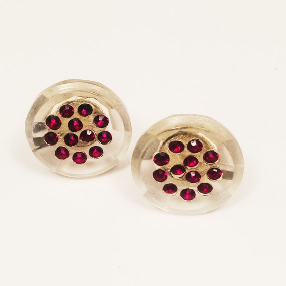 Gorgeous Vintage Lucite Earrings, Red Rhinestone … - image 2