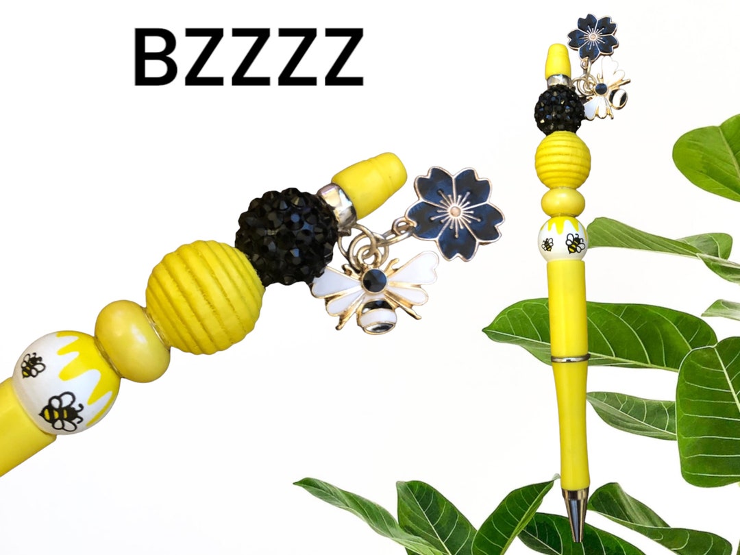 Beaded Pen: Bee & Flower Charms, 2 Bonus Ink Refills, Yellow, Black ...