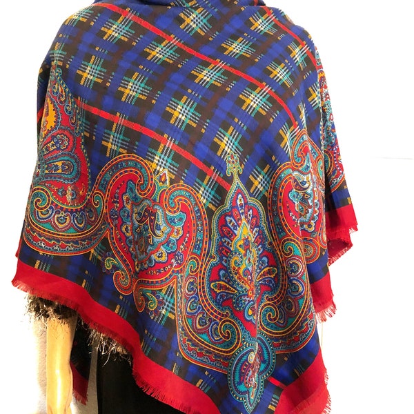 Large Vintage Shawl/Scarf/Wrap,  Marked Made In Italy, Plaid, Paisley, Red, Navy, Gold, Blue, Turquoise, Vintage Clothing Accessory