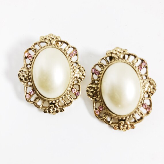 Pearl And Pink Rhinestone Jewelry Set, Pierced Ea… - image 3