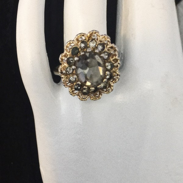 Vintage Ring,  Marked 18KT HGE (Electroplated With 18 Karat Gold), Clear Light Gray Glass, Gold Band, Estate Find