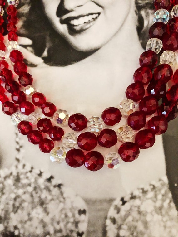 Exquisite Vintage 3-Strand Faceted Necklace, Ruby 