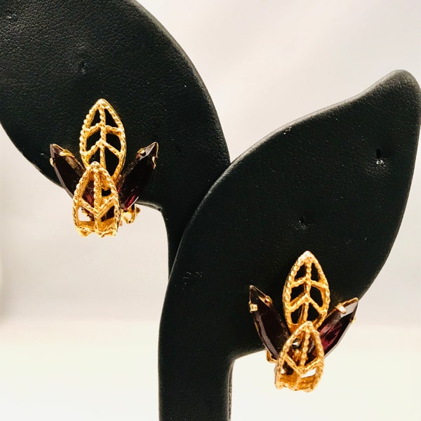 Tasteful Clip On Earrings, Gold Tone Leaves With Marquise Glass Amber Petals, Vintage Earrings, Lot 16