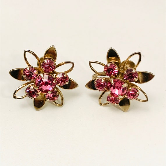 Adorable Pink Rhinestone Flower Screw Back Earrin… - image 2