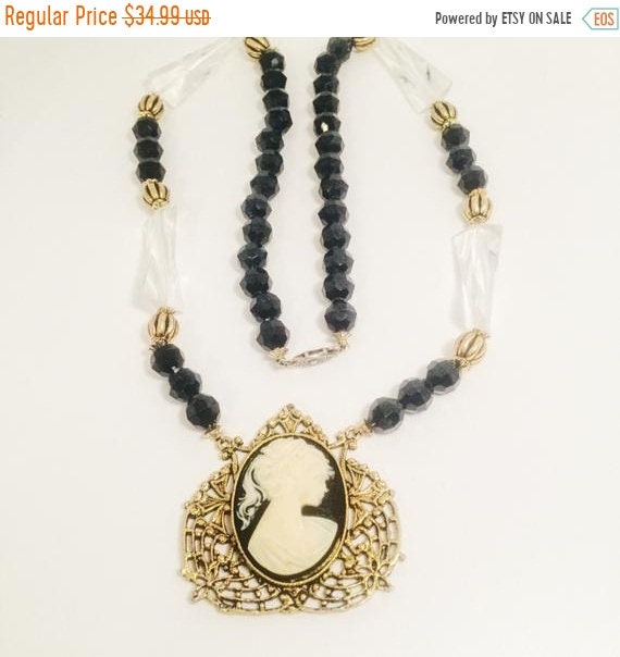 Retro Revival Jewelry Vintage Victorian Revival Ornate Gold Tone Floral Cameo Pendant Necklace Cameo Statement Necklace