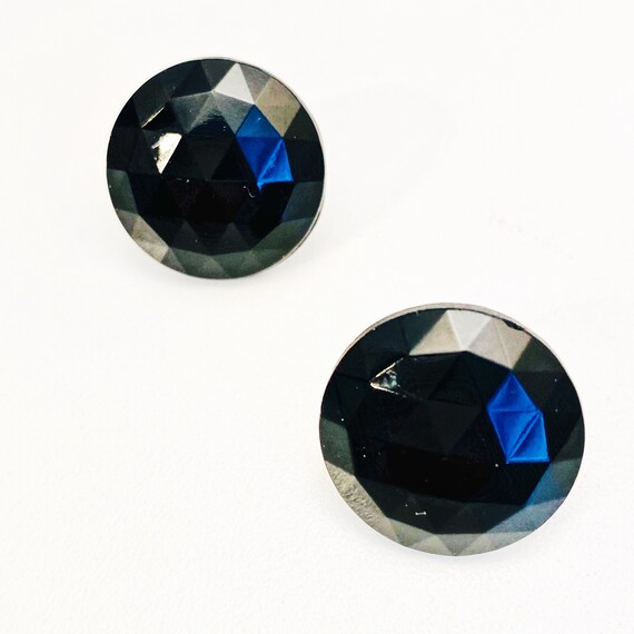 Round Black Faceted Screw Back Earrings, Vintage … - image 2