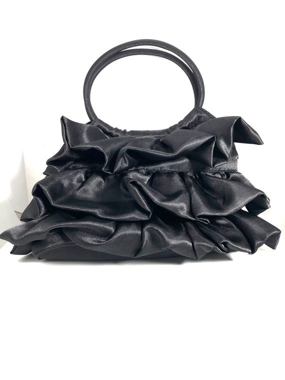 SASHA Vintage Black Ruffled Taffeta Evening Bag, … - image 1