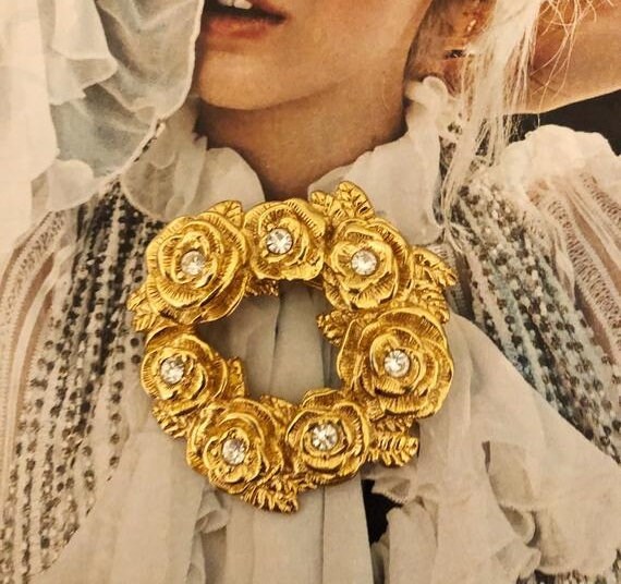 MONET Vintage Floral Brooch Gold Brooch Rhinestone Accents