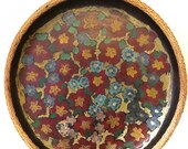 Hand Painted Vintage Wood Tray, Floral Motif, Blue, Gold, Green, Brick Red, Rattan Edge, Serving Tray, Vintage Home Decor