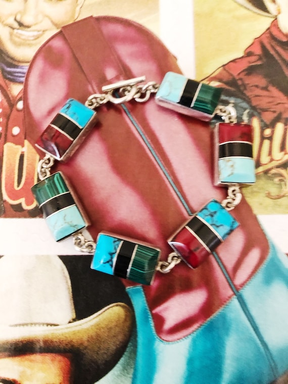 Mexican Sterling Silver Bracelet, Turquoise, Onyx 