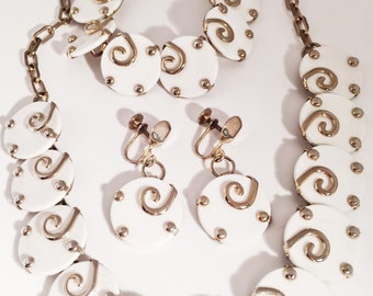 Vintage White Plastic Disc Jewelry Set: Silver Tone Swirl,  Demi-Parure