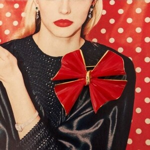 Vintage Bow Brooch, Ribbon Brooch, Gold Tone, Bright Red Enamel, Vintage Jewelry