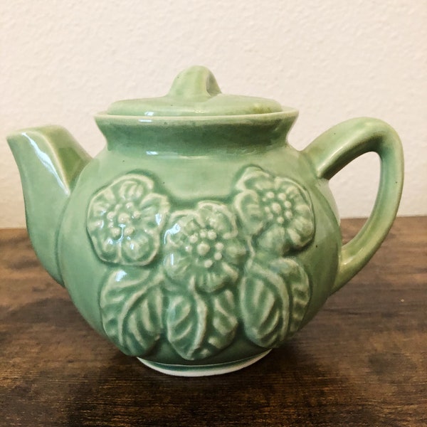 LAST CHANCE - Vintage Celadon Ceramic Teapot, Floral Pattern, Made In USA, Vintage Kitchen, Dining