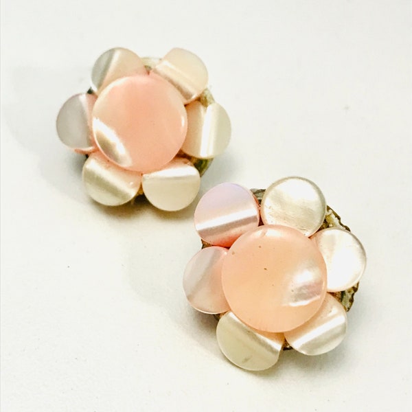 Baby Pink And Ivory Colored Shell Clip On Earrings, Vintage Earrings, Marked JAPAN, Lot 13