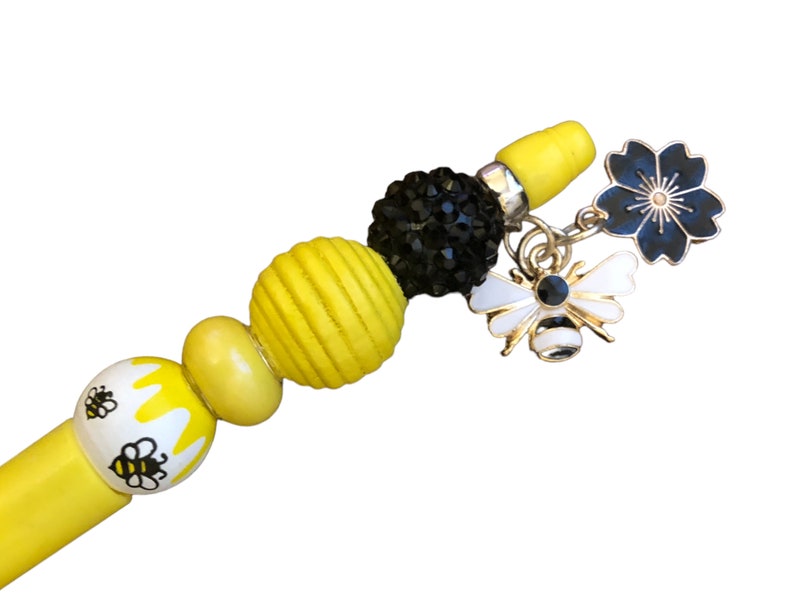 Beaded Pen: Bee & Flower Charms, 2 Bonus Ink Refills, Yellow, Black ...