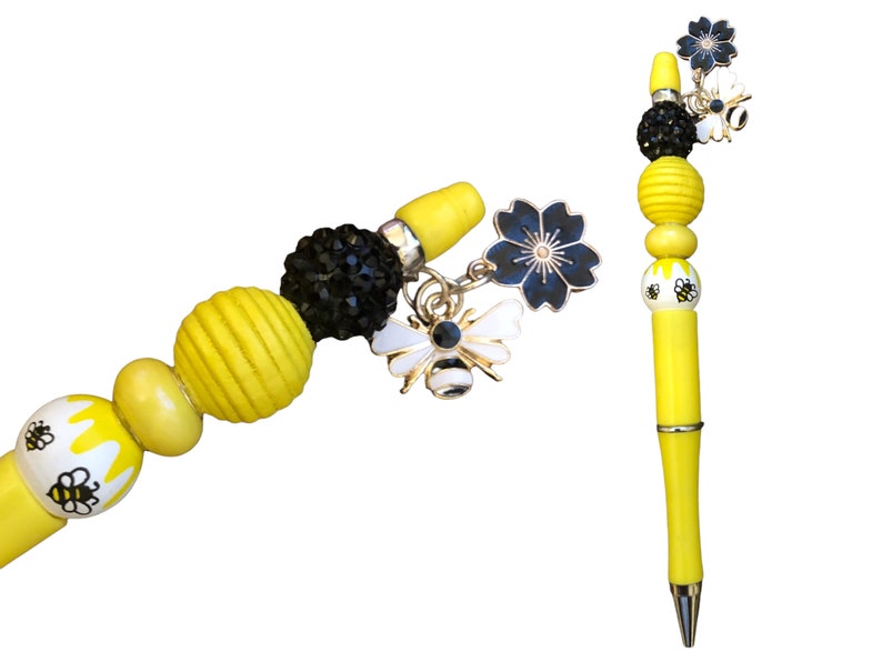 Beaded Pen: Bee & Flower Charms, 2 Bonus Ink Refills, Yellow, Black ...