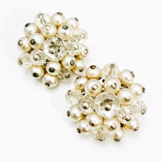 Winter White And Clear Bead Cluster Clip On Earrin