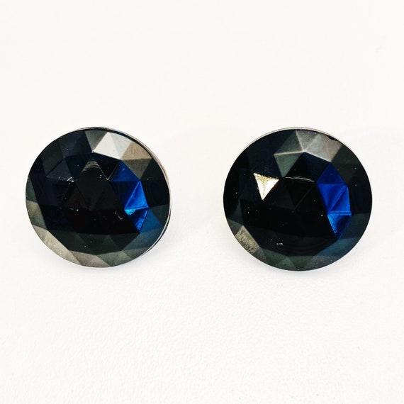 Round Black Faceted Screw Back Earrings, Vintage … - image 1